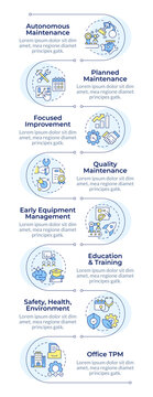 Pillars of total productive maintenance infographic vertical sequence. Employee training. Visualization infochart with 8 steps. Circles workflow. Montserrat SemiBold, Lato Regular fonts used