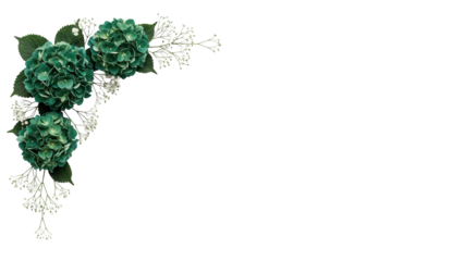 Minimal luxury botanical corner border featuring hydrangeas and baby's breath in deep emerald green isolated on white background