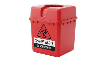 Red sharps waste container with biohazard symbol