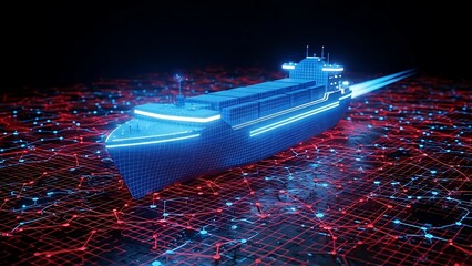 Blue and red digital ship on a network grid background