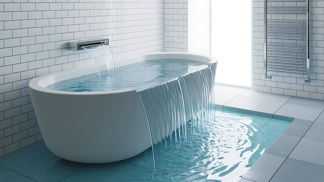 Modern bathroom with overflowing bathtub and water spilling on tiled floor
