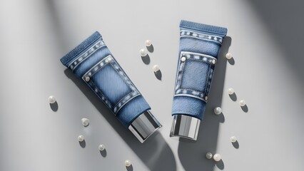 Two blue patterned objects on a gray surface with water droplets