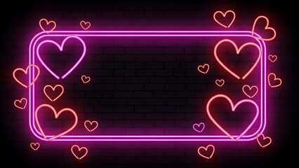 Neon heart frame on black background with pink and red glowing hearts