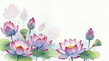 Fototapeta premium Watercolor lotus flowers and buds with green leaves on white background, isolated floral elements for greeting cards and decorative designs.