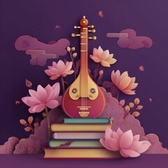 Vasant Panchami Illustration with Veena, Lotus and Books