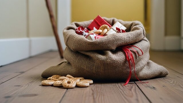 Rustic Jute Sack of Sinterklaas Gifts and Pepernoten on Wooden Floor