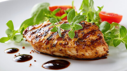 Gourmet dinner plate featuring a closeup of cooked grilled steak and pork fillet served with a fresh salad of green vegetables and tomato in a professional restaurant cuisine style