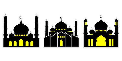Black and yellow mosque silhouette set with crescent domes and minarets. Islamic architecture vector icons isolated on white background, ideal for Ramadan, Eid, religion, and Muslim design themes. © Tito