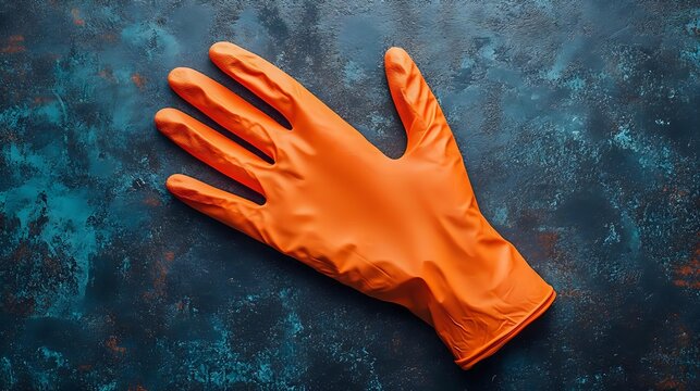 Orange nitrile disposable glove on textured blue surface for medical healthcare safety protection and hygiene applications in professional environments.