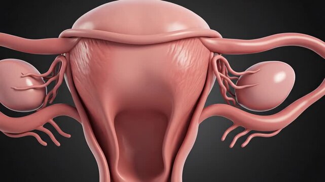 3D rendering of the female reproductive system showing uterus, fallopian tubes, and ovaries.