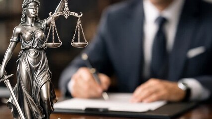 Law office male lawyer working with contract documents on table selective focus on statue of Lady Justice.
