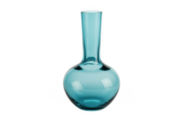 Teal glass vase with long neck and bulbous body isolated on a transparent background