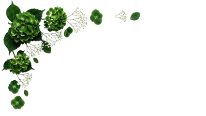 Minimal luxury botanical corner border featuring hydrangeas and baby's breath in deep emerald green isolated on white background
