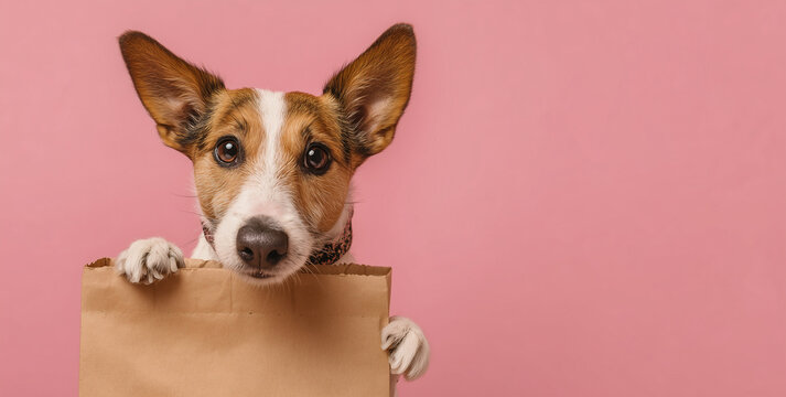 Cute small dog peeking out of a brown paper bag on a vibrant pink background, pet fun and surprise for shopping or delivery concept