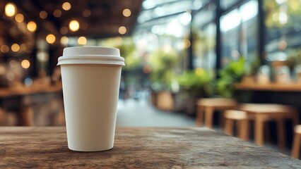 A disposable white paper coffee cup with a lid sitting on a wooden table in a busy modern urban cafe
