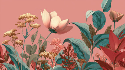 Stylized Botanical Scene - Vector Leaves & Flowers