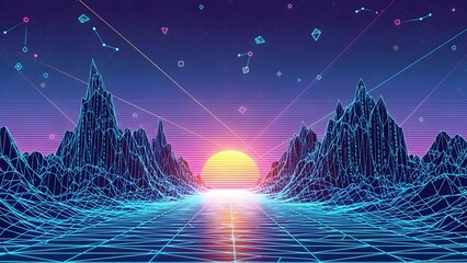 An abstract vector illustration of a night city skyline featuring a blue 3d technology design with starlight waves and a fantasy space backdrop