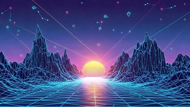 An abstract vector illustration of a night city skyline featuring a blue 3d technology design with starlight waves and a fantasy space backdrop - Powered by Adobe