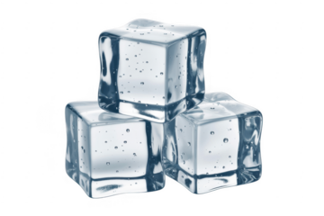 Three clear ice cubes with bubbles transparent frozen water isolated on a transparent background