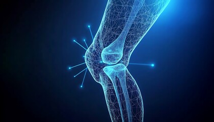 Wireframe digital representation of human knee joint with glowing blue connections