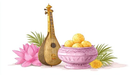 Symbolic Vasant Panchami Watercolor Illustration with Veena and Lotus