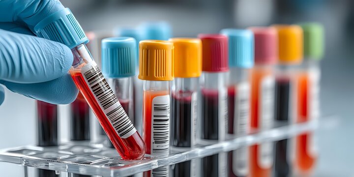 Laboratory technician in blue gloves holding blood sample tube with colorful collection vials in medical testing facility for diagnostic analysis.