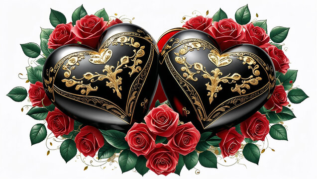 Wide luxury scene of two black carved hearts warmly placed in rose nest centered on pure white 3D illustration.