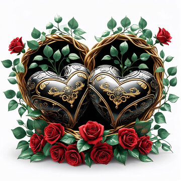 Centered elegant image of twin black hearts with gold motifs in lush rose nest on white background realistic 3D illustration.
