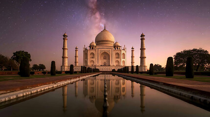 A captivating night scene showcases a majestic building with towering minarets under a vast, starlit sky, reflected in a serene pool of water, exuding peace.