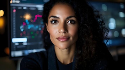 Professional Hispanic businesswoman analyst working late in modern office with financial charts and data displays on computer screens behind her.
