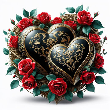 Luxury composition of two plump black hearts with golden carving placed in red rose nest bright white background 3D.