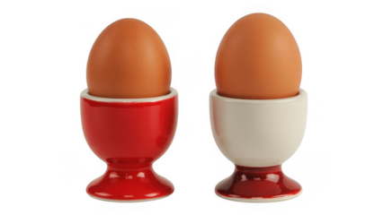 Two brown eggs in red and white ceramic egg cups isolated on a transparent background