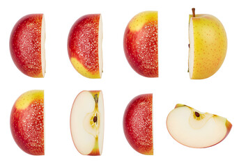 Red and yellow apple slices isolated set showing different cuts and cross sections, realistic fresh fruit illustration