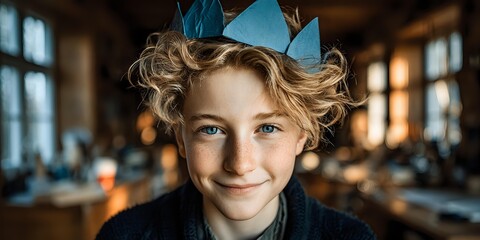 Young blonde boy wearing blue paper crown smiling warmly in cozy indoor setting with soft natural lighting for birthday celebration concepts.