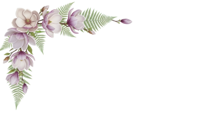 Minimal luxury floral corner border with magnolia and fern in lavender and beige isolated on white background