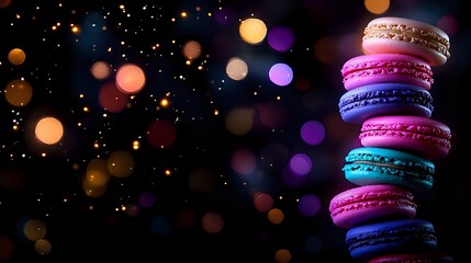 Colorful macarons stacked against sparkling bokeh lights background for dessert menu, bakery advertising, sweet treats promotion and culinary design projects.