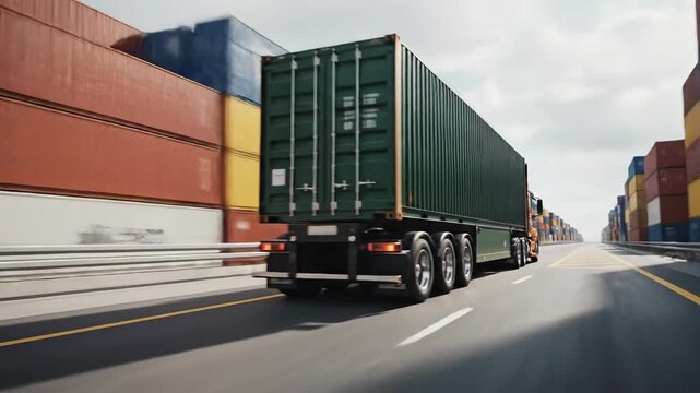 Heavy duty truck transporting shipping containers on highway