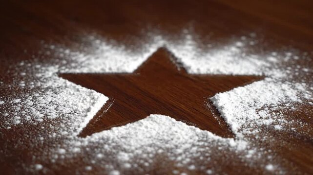 A captivating close-up shot reveals a perfect five-pointed star shape emerging from a scattering of fine white powder on a rich, dark wooden surface. The powder delicately outlines the distinct silhou