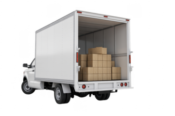 White delivery truck with cardboard boxes moving truck isolated on a transparent background