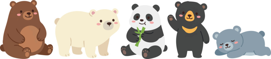 Cartoon bears and panda in various poses and colors. © rama coloring studio