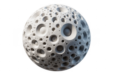 White moon sculpture with many craters textured surface isolated on a transparent background
