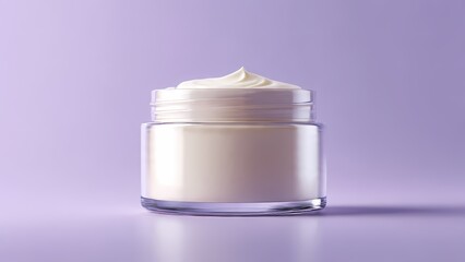 Soft Focus Glass Jar with Whipped White Cream on a Calming Purple Background with Artistic Studio Lighting