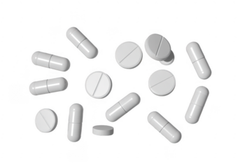 White pills and capsules medicine isolated on a transparent background