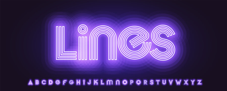 Glow Neon Font Logo Alphabet Vector Light Effect Letters Set Modern Typography, Violet Glowing Typographic Design for Title Text, Typo Poster Headline, Led Contour Sans Serif Fonts. Vector Typeface