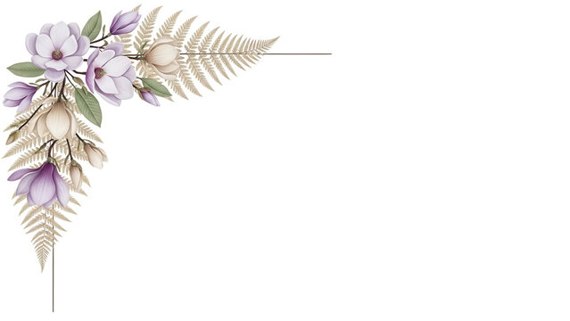 Minimal luxury floral corner border with magnolia and fern in lavender and beige isolated on white background