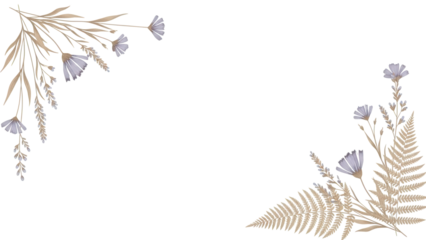 Minimal luxury hand painted corner composition with wildflowers and fern in lavender and beige isolated on white background