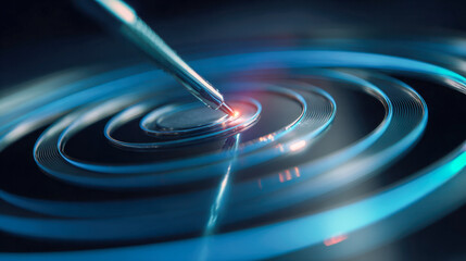 A futuristic pen drawing glowing concentric circular patterns on a sleek reflective surface in a high-tech creative process setting with cool blue lighting effects