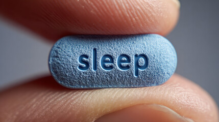 Macro shot of a blue pill engraved with the word sleep held between two fingers representing medicine and remedies for improving restful nighttime rest and relaxatio
