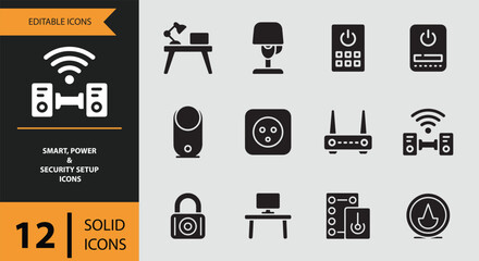 Essential solid icons for smart home, power management, and security systems