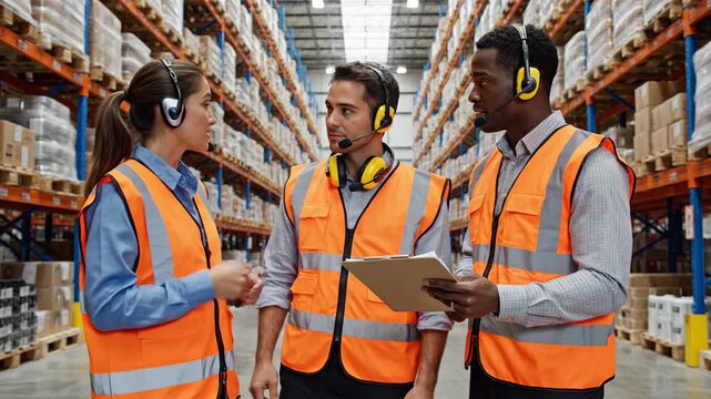 Warehouse workers in safety vests discuss clipboard logistics and inventory management - Powered by Adobe